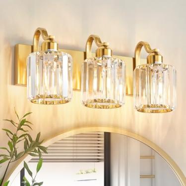 Imagem de Aixialin Luminária de banheiro dourada de 3 luzes, luminária de banheiro moderna com sombra de vidro cristal transparente, arandela de parede de 3 luzes de cristal moderno (exclui lâmpada)