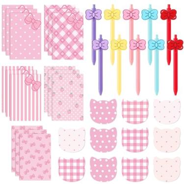 Imagem de Resurhang Conjunto de artigos de papelaria de gato fofo rosa 45 peças de cadernos de laço de gato rosa notas adesivas canetas esferográficas de arco escolar material de escritório e presente