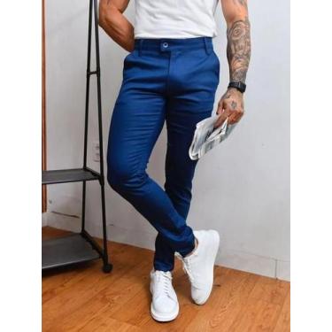 Imagem de Calça de Sarja Masculina Alfaiataria Skinny Premium Acetinada Azul Nav