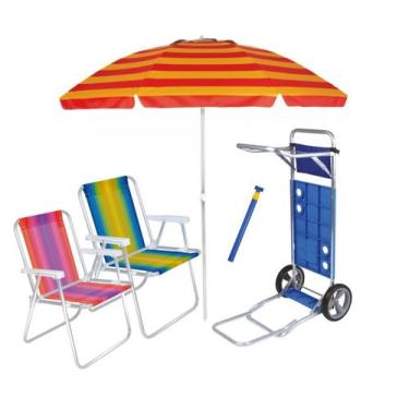Imagem de Kit Praia Carrinho C/ Avanço + 2 Cadeira Alta Aluminio + Guarda Sol 2,