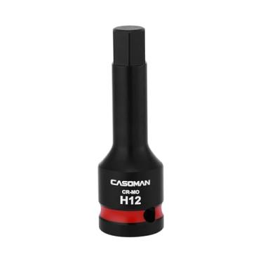 Imagem de CASOMAN Soquete hexagonal de impacto de 12 mm com chave de 1/5.1 cm, soquete Allen H12 de uma peça com anel de código de cor vermelho, comprimento de 78 mm, CR-MO