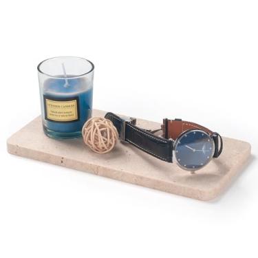 Imagem de Bandeja de banheiro travertino sem bordas, bandeja decorativa de mármore retangular para bancada, cômoda, joias, perfume, vela, sabonete, 28 x 9,9 cm x 1 cm