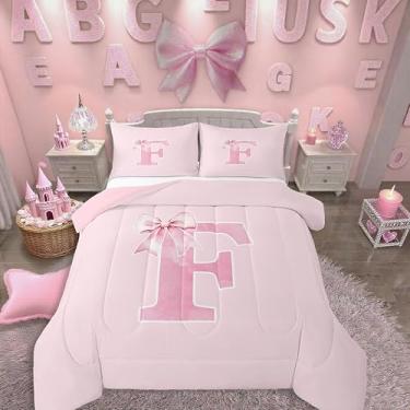 Imagem de Erosebridal Conjunto de edredom casal com inicial F, roupa de cama com laço rosa moderno, monograma, presente com monograma, para decoração de quarto com laço de letras, microfibra macia (F)