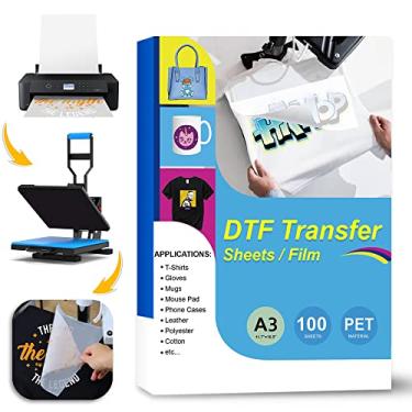 Imagem de 100 folhas de filme de transferência A3 DTF (29 x 40 cm), papel de transferência de calor PET transparente, papel de transferência DTF frio e quente para todas as impressoras e materiais DTF (têxtil