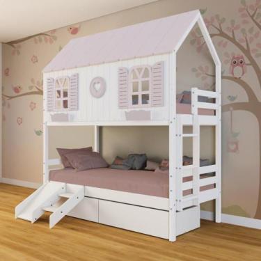 Imagem de Beliche Casinha Bela com Coração 2 Gavetas Kit Escada/Escorregador - M