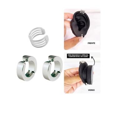 Imagem de Kit Brinco Argola Pressão Prata Cartilagem Encaixe Falso Aço - Visujoi