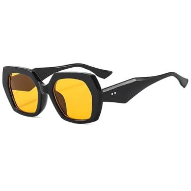 Imagem de JRLLFD Óculos de sol vintage polígono feminino fashion hexagonal transparente lente oceano uv400 masculino rebites (preto amarelo)