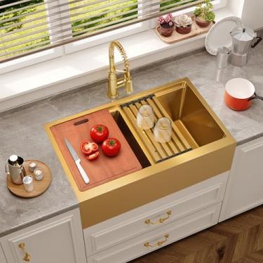Imagem de Avental de 91 cm - Pia de cozinha de casa de fazenda dupla de calibre 16 polegadas, pia de cozinha grande de aço inoxidável com acessórios abundantes (ouro, 91 cm x 56 cm)