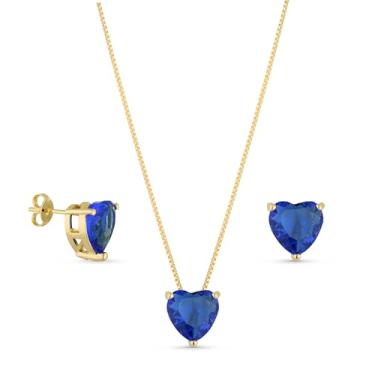 Imagem de Conjunto Colar Brinco de Coracao de Pedra Semi Joias Banhado Ouro 18k (Azul)