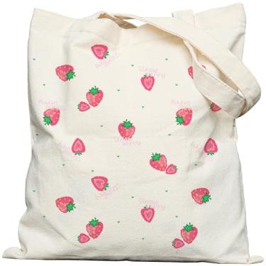 Imagem de EFFUSON Sacola feminina com bolso e botões, lindas bolsas de lona para presentes para amantes de flores, gatos, cães, sapos, 25 morango dupla face, One Size, Bolsa de morangos com fecho de pressão