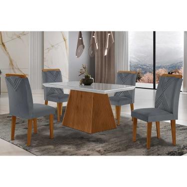 Imagem de Sala de Jantar Completa Luna Tampo Madeirado c/ Vidro Curvo 120x80 e 4 Cadeiras Amsterdã Capuccino/Suede Grafite - Rufato