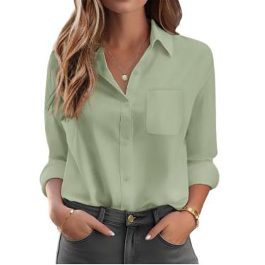 Imagem de Blusa feminina HOTOUCH de manga comprida com botões, verde claro