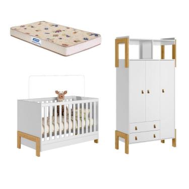 Imagem de Quarto de Bebê Berço mini cama e Guarda-Roupa 3 portas 2 Gavetas Fantasia Qmovi e Colchão Gazin