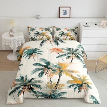 Imagem de Manfei Conjunto de edredom de coqueiro, estilo tropical Havaí, decoração de casa, bege, laranja, verde, tamanho king, 3 peças, conjunto de edredom acolchoado com 2 fronhas