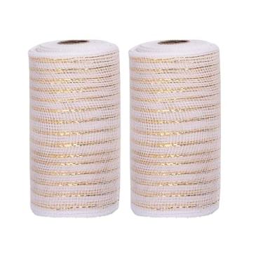 Imagem de JStnana 2 rolos de fita de malha branca para artesanato de grinaldas, 15,8 cm x 7,6 m por rolo de folha metálica dourada decorativa, tecido de malha decorativa para guirlanda de árvore de Natal, cesta