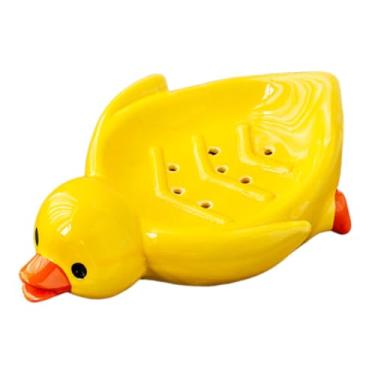 Imagem de KiBcsLic Saboneteira de pato com bandeja protetora de sabão, cerâmica, enfeite fofo e fácil de limpar com ralo para balcão, cozinha, banheiro, decoração de, Amarelo