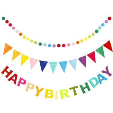 Imagem de XYDHQS Faixa de feliz aniversário pré-amarrada, reutilizável, resistente a rasgos, pano de feltro colorido, conjunto de guirlandas, decoração para lareira e janela de parede