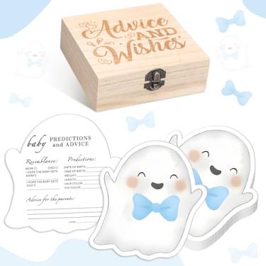 Imagem de RattanView 50 peças dupla face Halloween Baby Prediction and Advice Game Cards Blue a Little Boo Is Almost Due Decor Baby Boo Ghost Shower Game Cards com caixa de lembrança de madeira