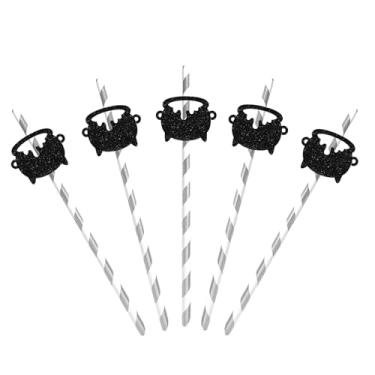 Imagem de Canudos de papel de caldeirão de bruxa, decoração de palha de corte de bruxa de Halloween, Halloween A Baby is Brewing chá de bebê festa bebendo suprimentos decorativos - 24 peças