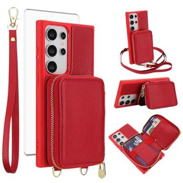 Imagem de Capa de celular para Samsung Galaxy S23 Ultra 5G Carteira com protetor de tela de vidro temperado, alça transversal, cordão com bloqueio de RFID, suporte para cartão de crédito S23Ultra 23S S 23