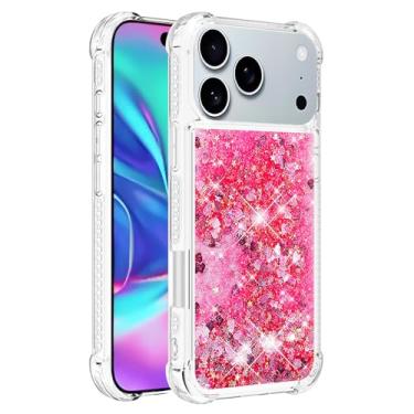 Imagem de Capa de telefone à prova de choque para iPhone 17 Pro com glitter líquido de areia movediça e corações flutuantes, capa de TPU de camada dupla reforçada com 4 cantos, protetor de telefone seguro