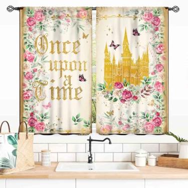 Imagem de Cortinas de princesa para quarto de meninas, Once Upon a Time Magic Gold Castle Romantic Pink Watercoror Floral Fairy Dreaming Window Drapery Treatments for Living Room Home Bathroom 2 Painéis, 139 x