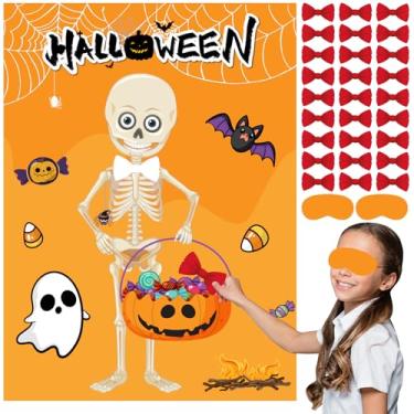 Imagem de ANPUNAT Pin The Bow on The Mr. Skeleton's Neck Jogos de festa de Halloween com 24 peças de adesivos de arco para atividades de Halloween artesanato Pin Game Party ou Wall Home Room Favors Supplies