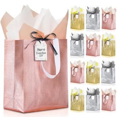 Imagem de KeerxunBag Sacos de presente de 25 x 10 x 20 cm (pacote com 12) – Bolsas reutilizáveis para lembrancinhas de festa com tecido, etiquetas, cartolina grossa e fita