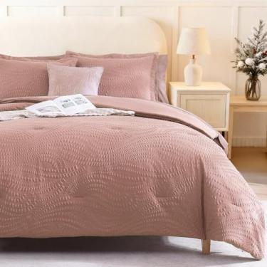 Imagem de Geniospin Conjunto de edredom King Size – Conjunto de cama com 7 peças, rosa empoeirado, texturizado, botânico, leve, para todas as estações, em uma bolsa com edredom, lençóis, fronhas e fronhas