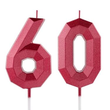 Imagem de Vela de aniversário de 60 anos, número vermelho, 60 velas, design 3D, enfeite de bolo, decoração de feliz aniversário, para mulheres, homens, casamento, aniversário, celebrações, artigos de festa