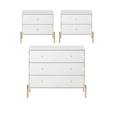 Imagem de Kit 2 Mesas de Cabeceira e Cômoda 3 Gavetas Jasper - Branco c/ Dourado