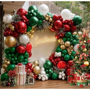 Imagem de Kit de arco de balão de Natal duplo recheado verde escuro vermelho pérola ouro branco guirlanda de balão com balões vermelhos para decorações de festa de Natal, Natal, Ano Novo