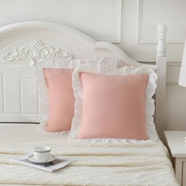 Imagem de Merryword Fronhas reversíveis rosa e branco 45,7 x 45,7 cm, pacote com 2 fronhas decorativas de microfibra macia com babados para sofá, quarto
