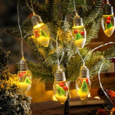 Imagem de HFXXAD Globo de neve de Natal com cordão de luzes para decoração interna, 10 lâmpadas de LED transparentes com árvore de Natal e frutas silvestres para casa, quarto, lareira, luzes de Natal (1,6 m)