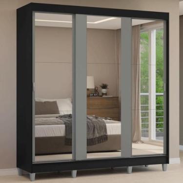 Imagem de Guarda-roupa Casal Com Pés 3 Portas De Correr De Espelho Preto Cinza R