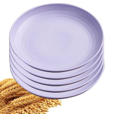 Imagem de YuanQ Conjunto de pratos de jantar com 5 peças, inquebrável, reutilizável, leve, placa de borda lisa, lavável na lava-louças e no micro-ondas (roxo, 20 cm)