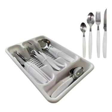 Imagem de Jogo de Faqueiro 25 Peças em Aço Inoxidável com Porta Talher, Cabos Ergonômicos, Branco