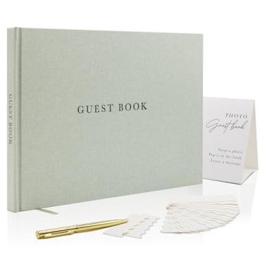 Imagem de Modern Album Designs Conjunto de livros de visitas de linho real - Livro de visitas em relevo 29 x 21 cm para casamentos, chuveiros, eventos, em branco e forrado, vem com placa, caneta, caixa e capas