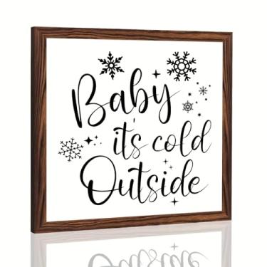 Imagem de Placa emoldurada de madeira rústica Baby It's Cold Outside floco de neve de inverno para decoração de Natal decoração de casa de fazenda decoração de inverno placa decorativa de cozinha de 20 x 20 cm