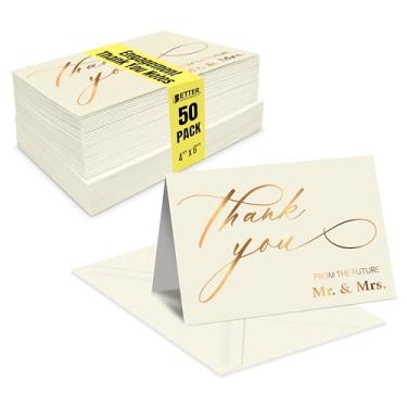 Imagem de Pacote com 50 cartões de agradecimento de noivado em ouro metálico com envelopes, 10 x 15 cm, chá de casamento Thank You From The Future Mr and Mrs, cartões em branco, da Better Office Products, conjunto com 50 unidades em caixa