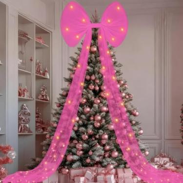 Imagem de Norme Decorações de árvore de Natal extragrande 60 x 192 cm, enfeite de árvore de Natal com fitas longas, laços de guirlanda de Natal para decoração de Natal, pátio, casamento, feriado (rosa vermelha