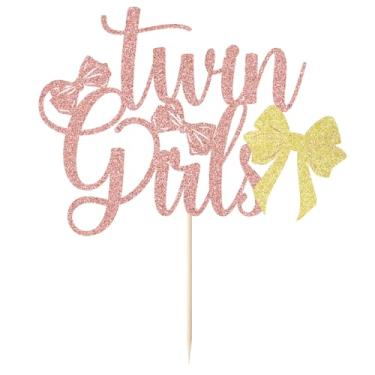 Imagem de Keoysek Rose Gold Glitter Twin Girls Cake Topper - Twin Baby Shower Cake Topper - Oh Babies, Welcome Baby Girls, Twins Birthday/Gender Reveal Party Decorations