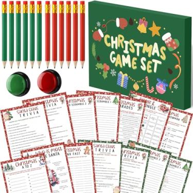 Imagem de Fullhawl 124 cartas de jogos de curiosidades de Natal para a família com 102 cartas de resposta de questionário, 2 campainhas de jogo, 20 lápis de Natal, grupo de adultos, atividades de adivinhação