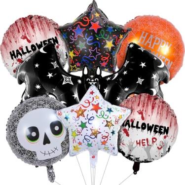 Imagem de Conjunto de 7 peças de decorações de balões de folha de Halloween, inclui morcego, bola de caveira, bola de sangue, balões de folha de estrela impressos em preto e branco para decorações de festa