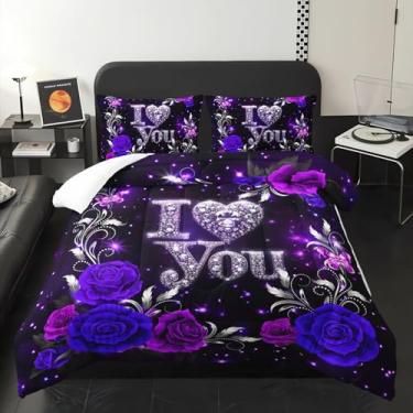 Imagem de lneffble Jogo de cama queen floral roxo para meninas, com 1 edredom com 2 fronhas, decoração de quarto de diamante para quarto