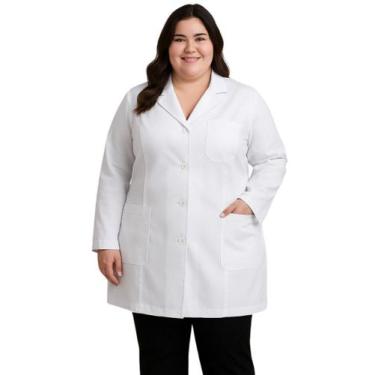 Imagem de Jaleco Feminino Plus Size Profissional Branco Gola Tradicional Tecido 