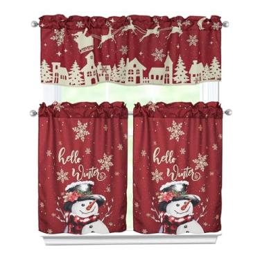 Imagem de Zifmrtrwn Cortinas de cozinha de Natal, conjunto de 3 peças, cortinas de boneco de neve de inverno, saia e camadas para cozinha, casa, interior, café, 91 cm, cortina de janela curta sobre a pia