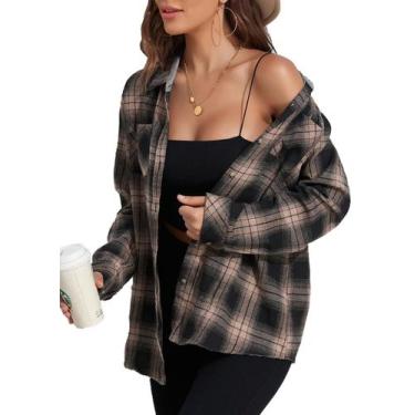 Imagem de Camisa de flanela KevaMolly xadrez de manga comprida para mulheres mar