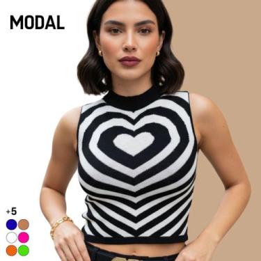 Imagem de Blusa Cropped Regata Sem Manga Feminina Modal Estampa de Coração - Vit