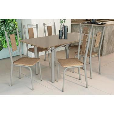 Imagem de Sala de Jantar Completa Elba Tampo Madeirado c/ Vidro 160cm e 6 Cadeiras Florença Niquel/Freijo Bronze - Corano Capuccino - Kappesberg